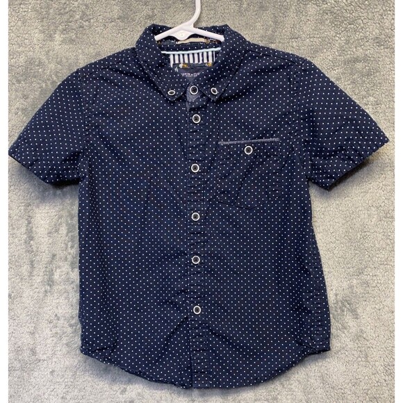 Denim & Flower by Ricky Singh Boys button down navy blue polka dot shirt Sz 4 - Picture 1 of 7
